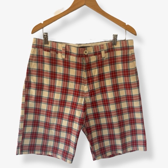 Banana Republic Plaid Chino Shorts Mens 33 Red Tan Tartan Cotton Preppy - Picture 2 of 7